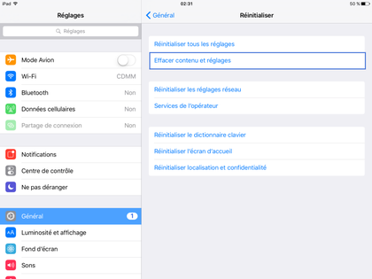 menu réinitilisation iPad